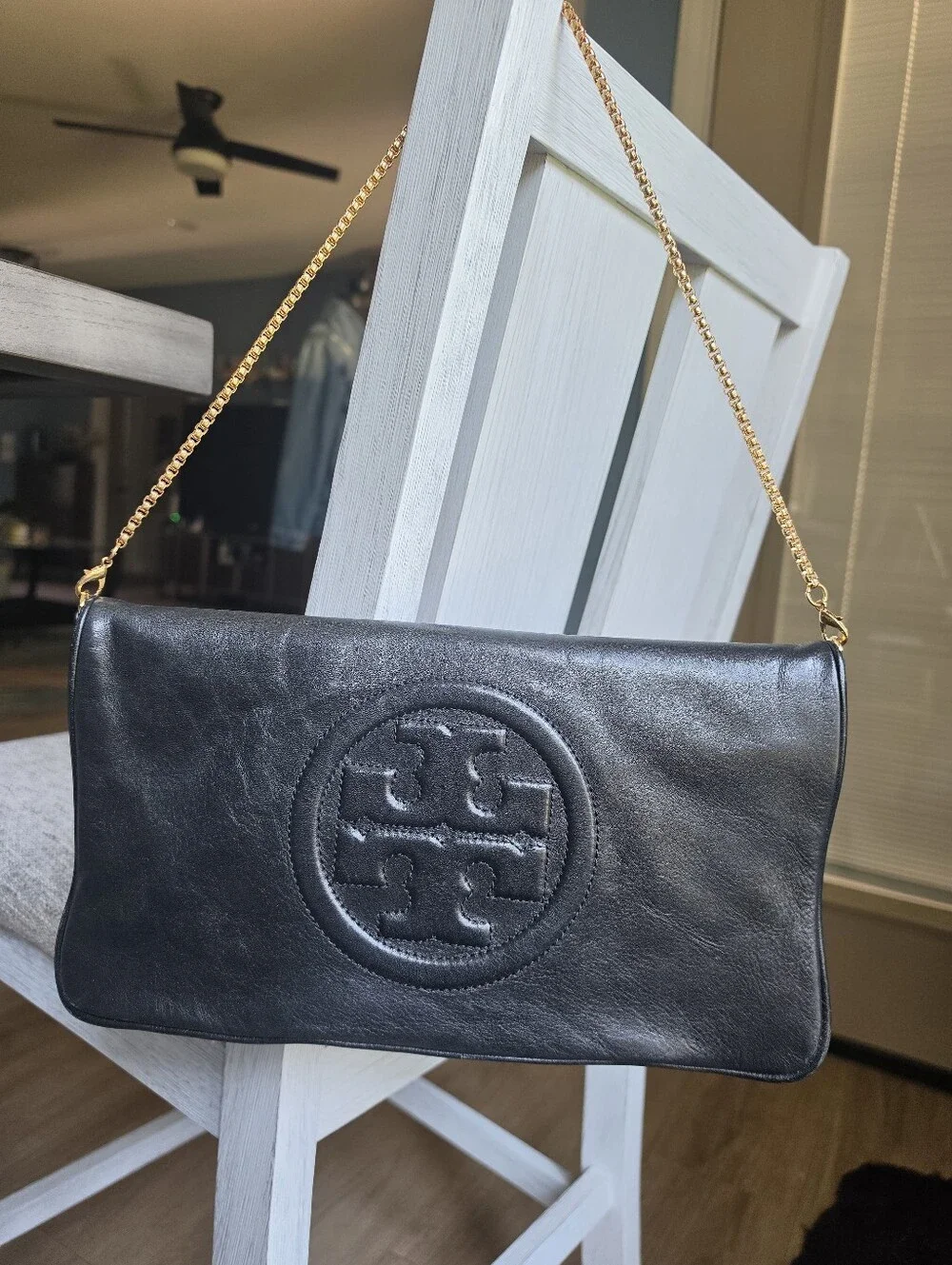Tory Burch Black Leather Logo Chain Clutch